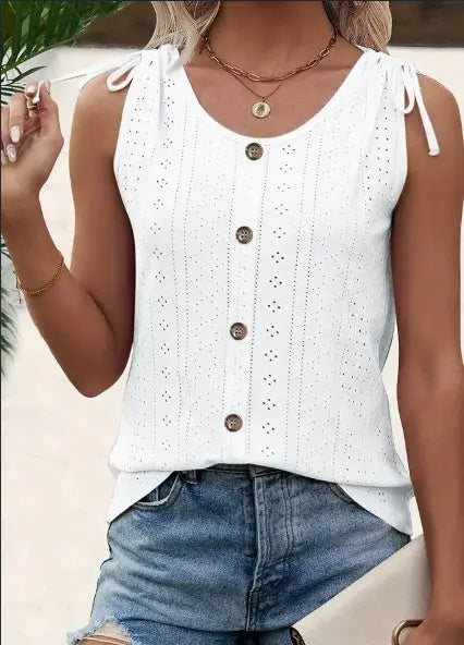 Eyelet Button Front Tank Top, Casual Sleeveless Tank Top For Summer, Women's Clothing hercurva