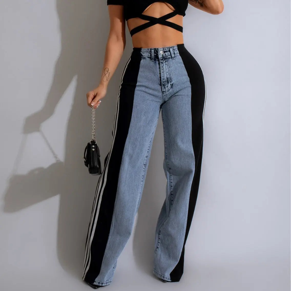 Fashion Casual High Waist Elastic Straight Leg Trousers Three Stripe Patchwork Denim Wide Leg Pants Streetwear hercurva
