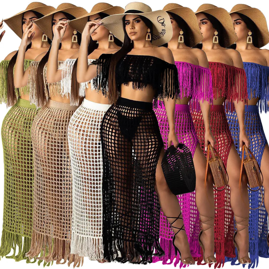 Hollow-out Handmade Tassel Off-shoulder Beach Skirt Suit hercurva