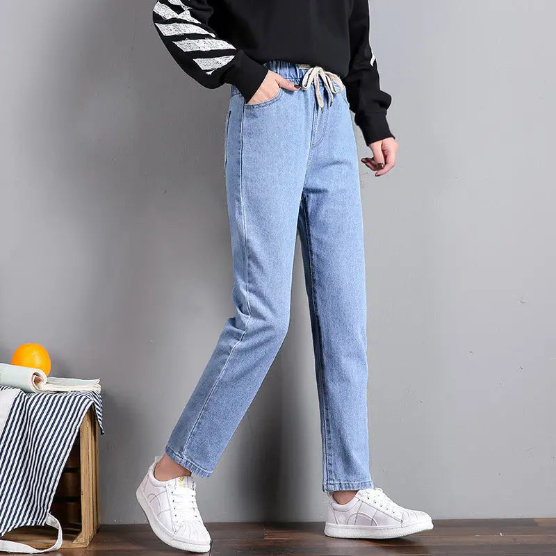 Straight Casual Elastic Waist Lace-up High-waist Jeans Women's Loose Pants hercurva