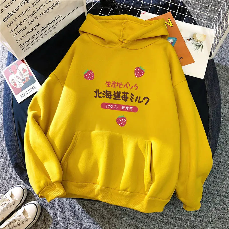 Candy Color Weatshirt Print Strawberry Figure Hooded Sweater hercurva