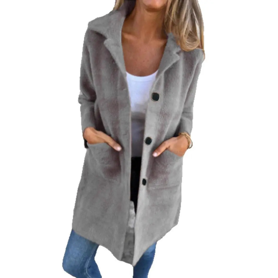 Single-breasted Polo Collar Pocket Mid-length Coat hercurva
