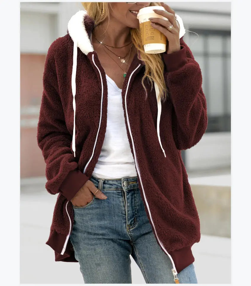 Women's Loose Plush Zipper Hooded Jacket hercurva