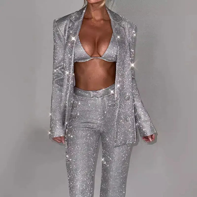 3pcs Shiny Long-sleeved Suit With Bra Lapel Blazer And Straight-leg Trousers Fashion Party Jacket Set For Women Clothing hercurva
