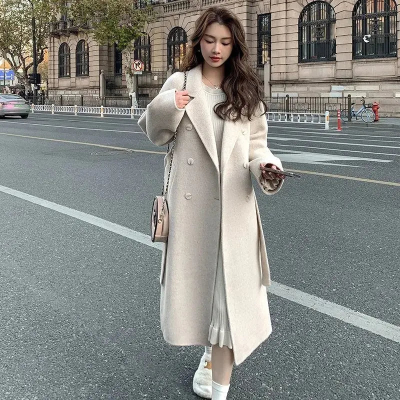 Loose Mid-length Lace-up Woolen Coat Women hercurva