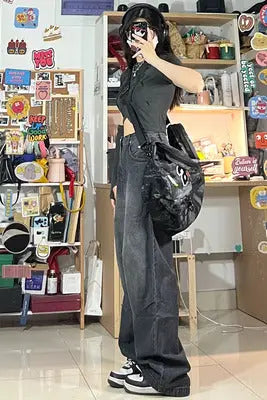 Black Jeans Women's High Waist Loose Straight Wide Leg Mopping Pants hercurva