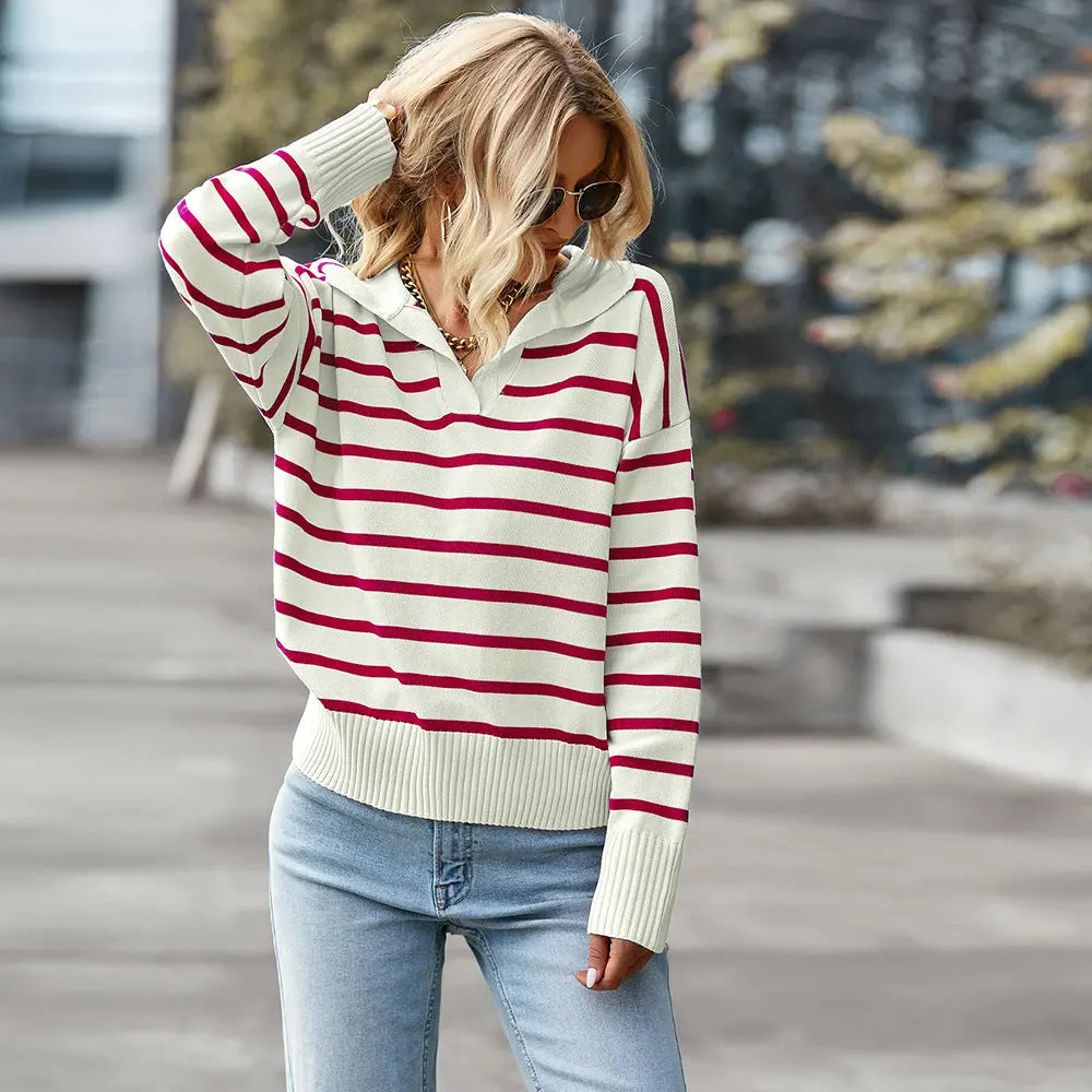 Women Striped Long Sleeve Pullover Sweater Casual Loose Polo V Neck Color Block Lightweight Knitted Fall Shirts Tops hercurva