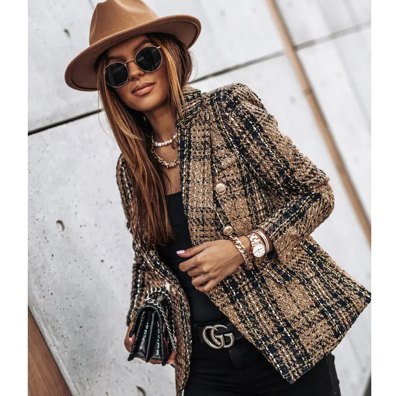 Long-sleeved slim-breasted plaid small blazer hercurva