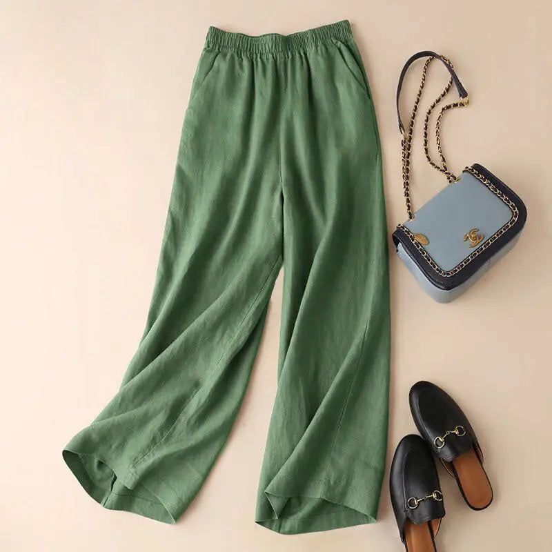 Asian Cotton Wide Leg Pants Solid Color Women's Ninth Point hercurva