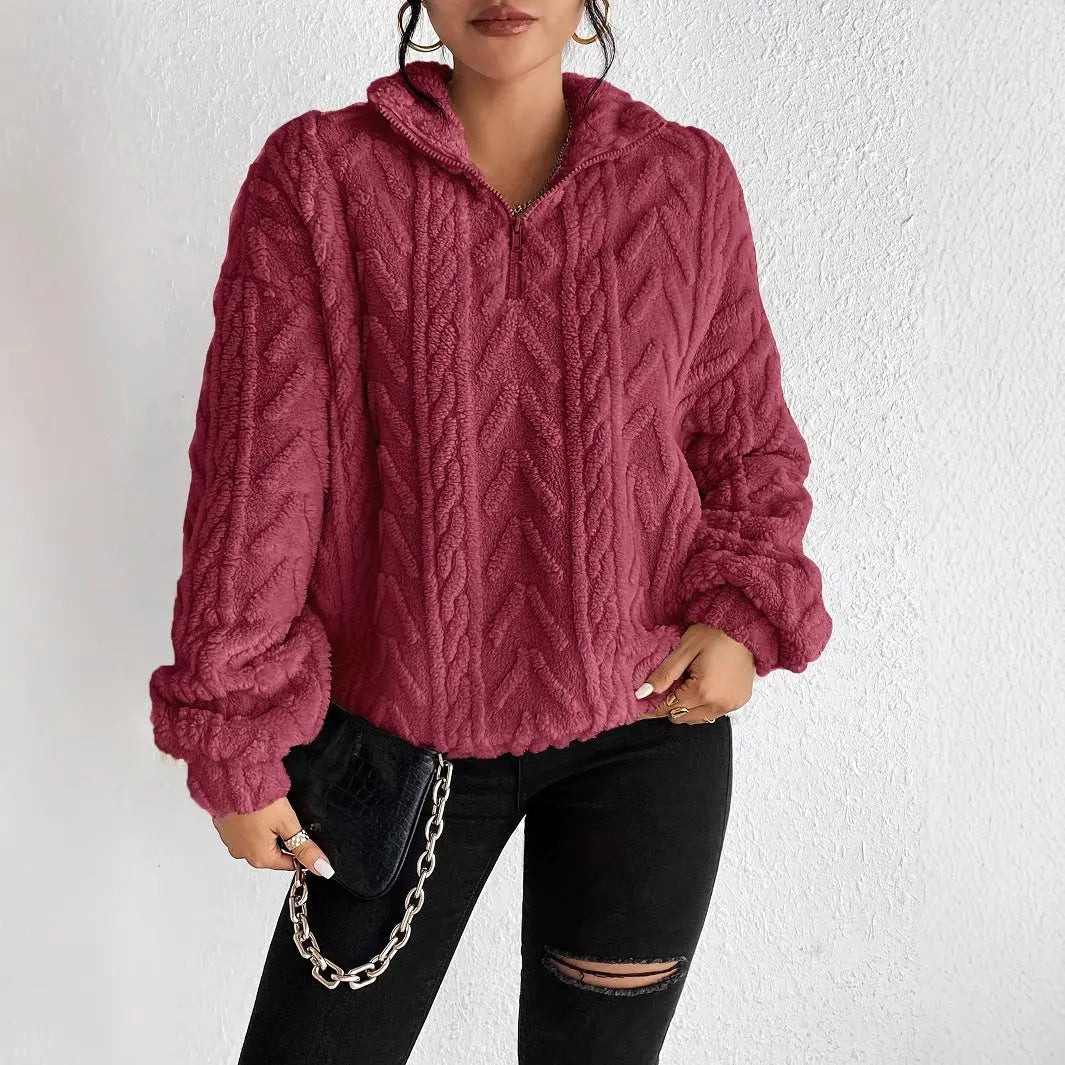 Double-sided Plush Latte Art Casual Zipper Pullover Top hercurva