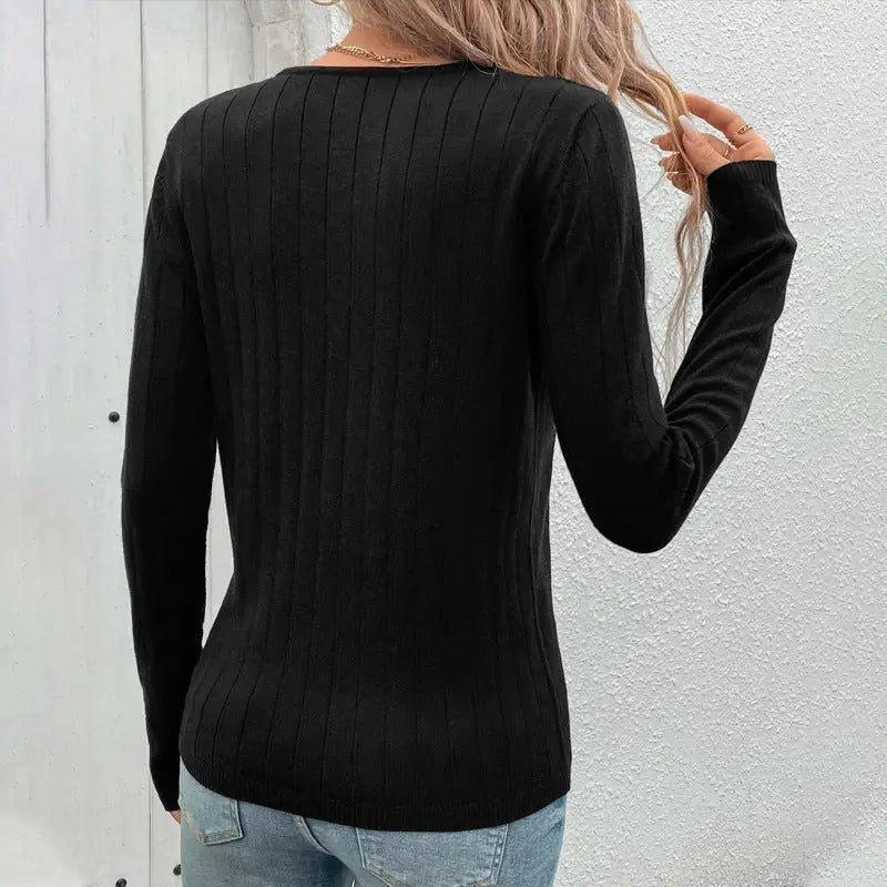 European And American Fall Women's Clothing Sunken Stripe V-neck Black Sweater For Women hercurva