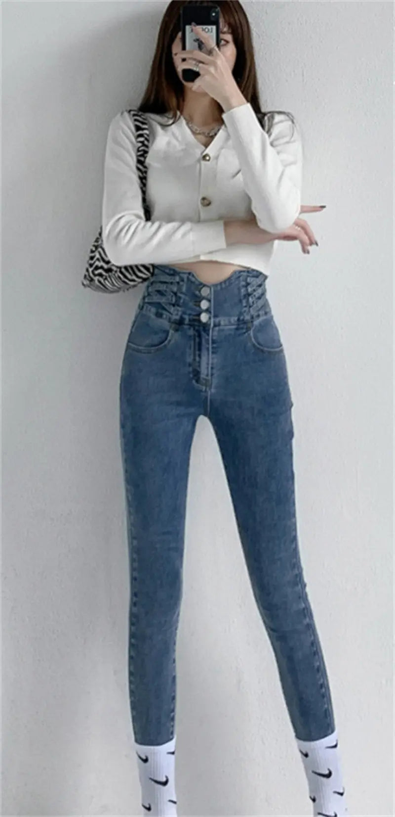 Tight High Waist And Small Feet Belly Women's Denim Trousers hercurva