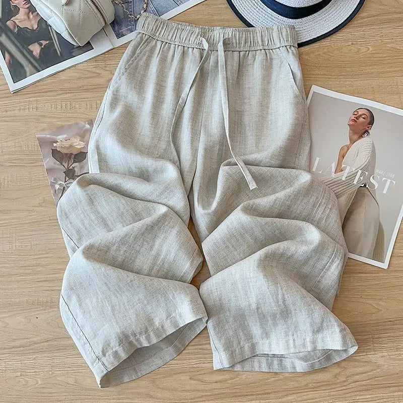 High Waist Drape Linen Cropped Straight Pants hercurva