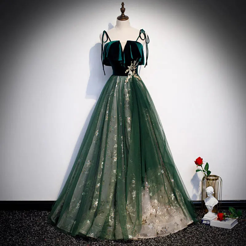 Banquet Sling Temperament Long Dress Dark Green Fantasy Mori hercurva