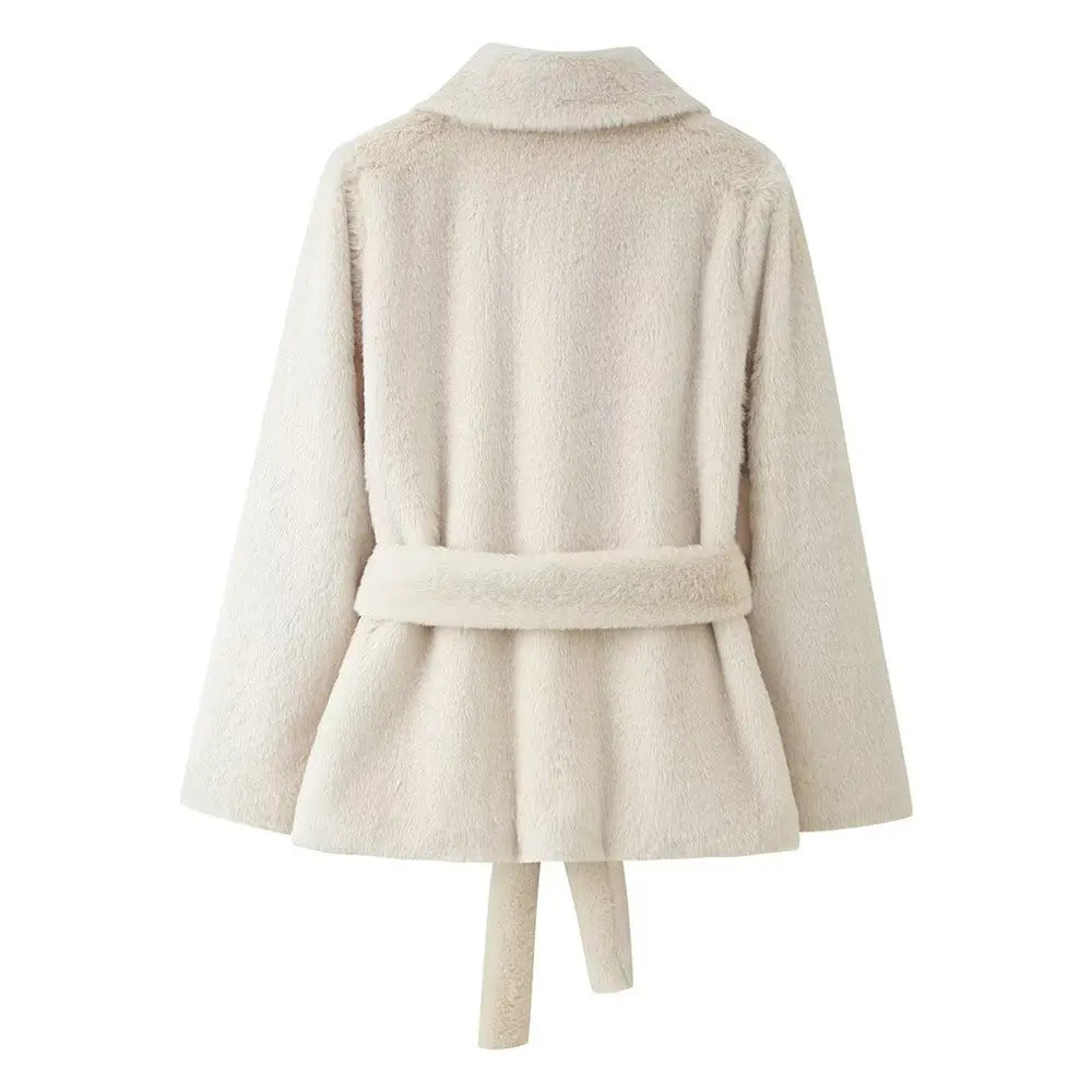 Lapel Women's Casual Slim-fit Solid Color Belt-effect Faux Fur Coat hercurva