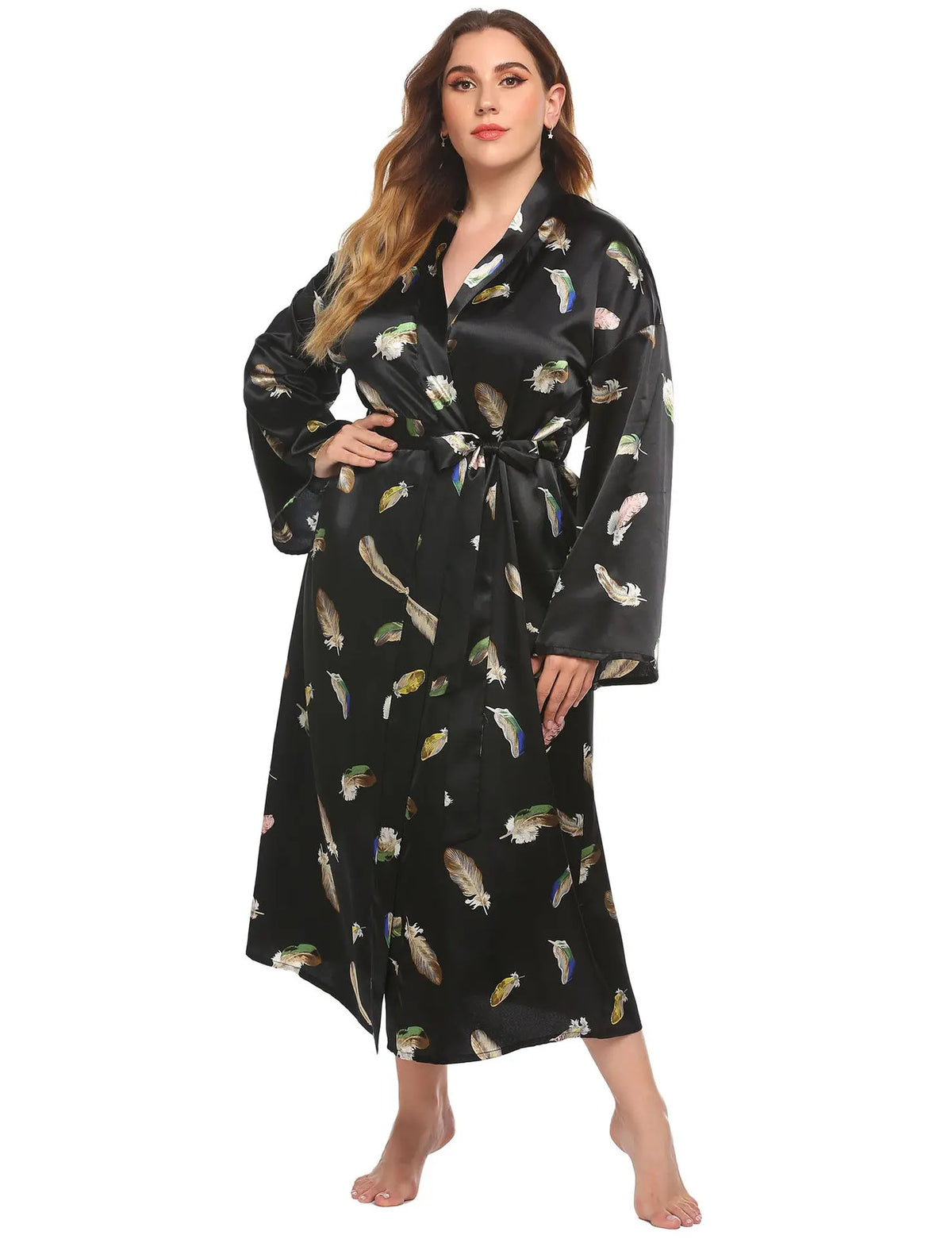 Long Robes For Women Flower Print Bathrobe V-neck Silk Sleepwear hercurva