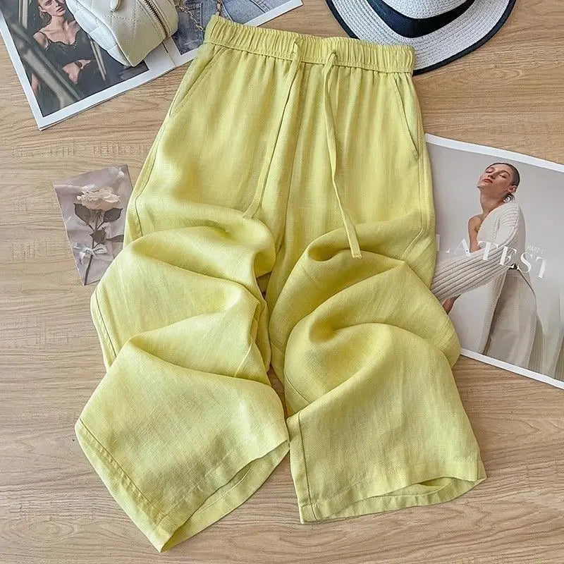 High Waist Drape Linen Cropped Straight Pants hercurva