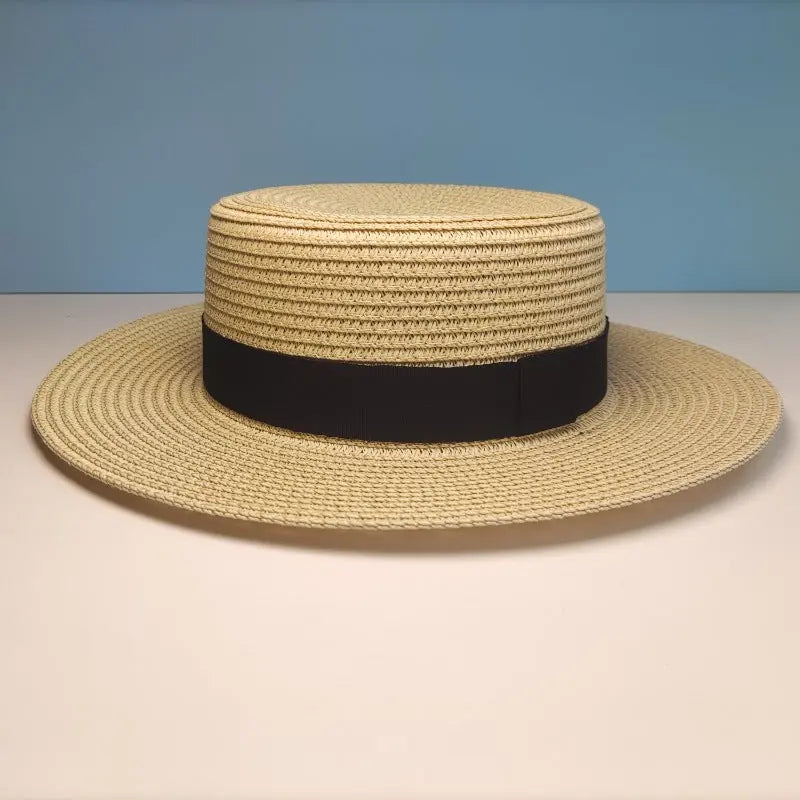 Black Decorative Band Flat Straw Hat High-grade hercurva
