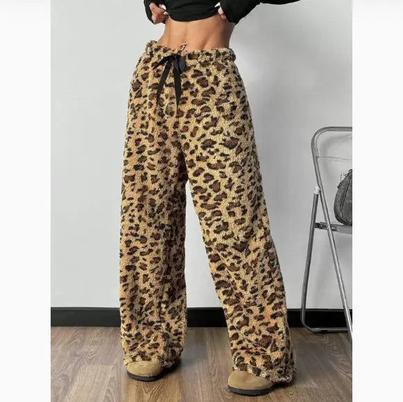 New Casual Leopard Print Lace-up Wide-leg Pants hercurva