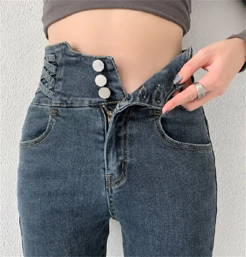 Tight High Waist And Small Feet Belly Women's Denim Trousers hercurva