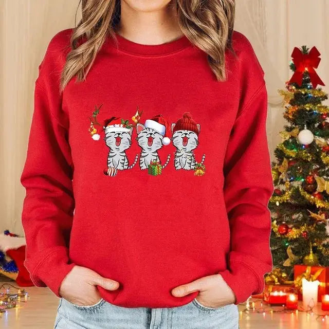 Lady Christmas Cat Round Neck Sweater Long Sleeve hercurva