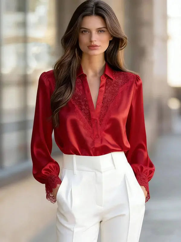 Women's Solid-Color Niche Lace V-Neck Puff-Sleeve Shirt hercurva