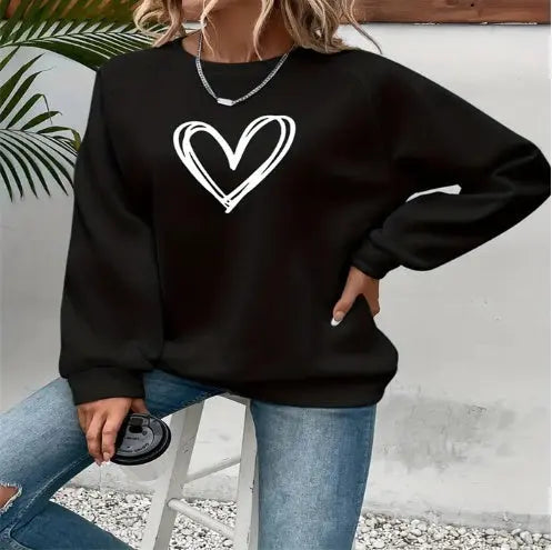 Solid Color Love Print Round Neck Pullover Hoodie hercurva