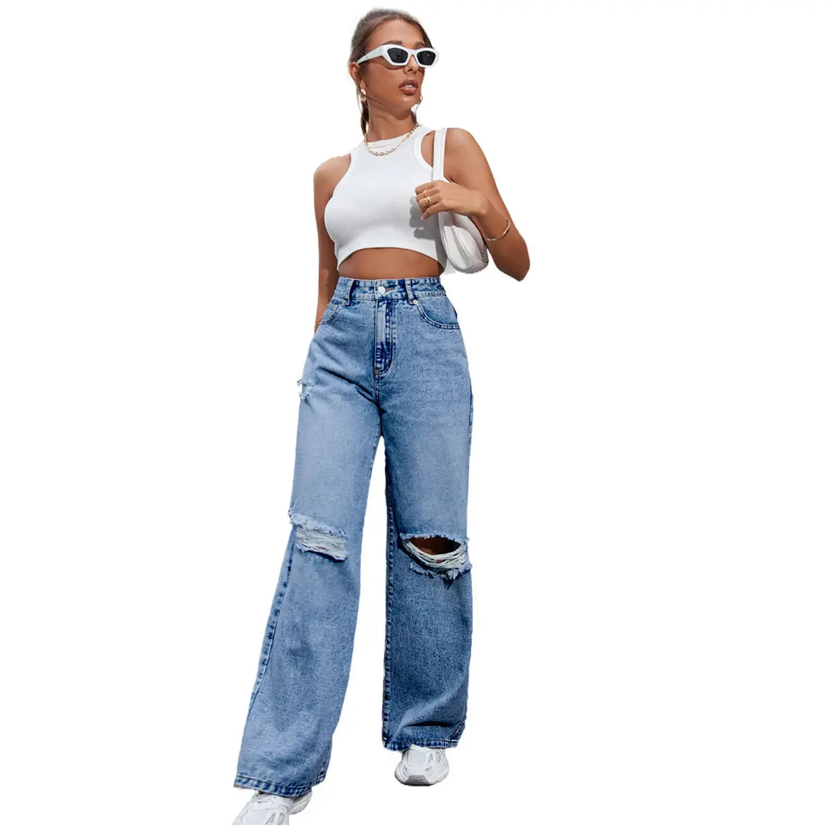 Women's Fashion Holes High Waist Casual Denim Trousers hercurva