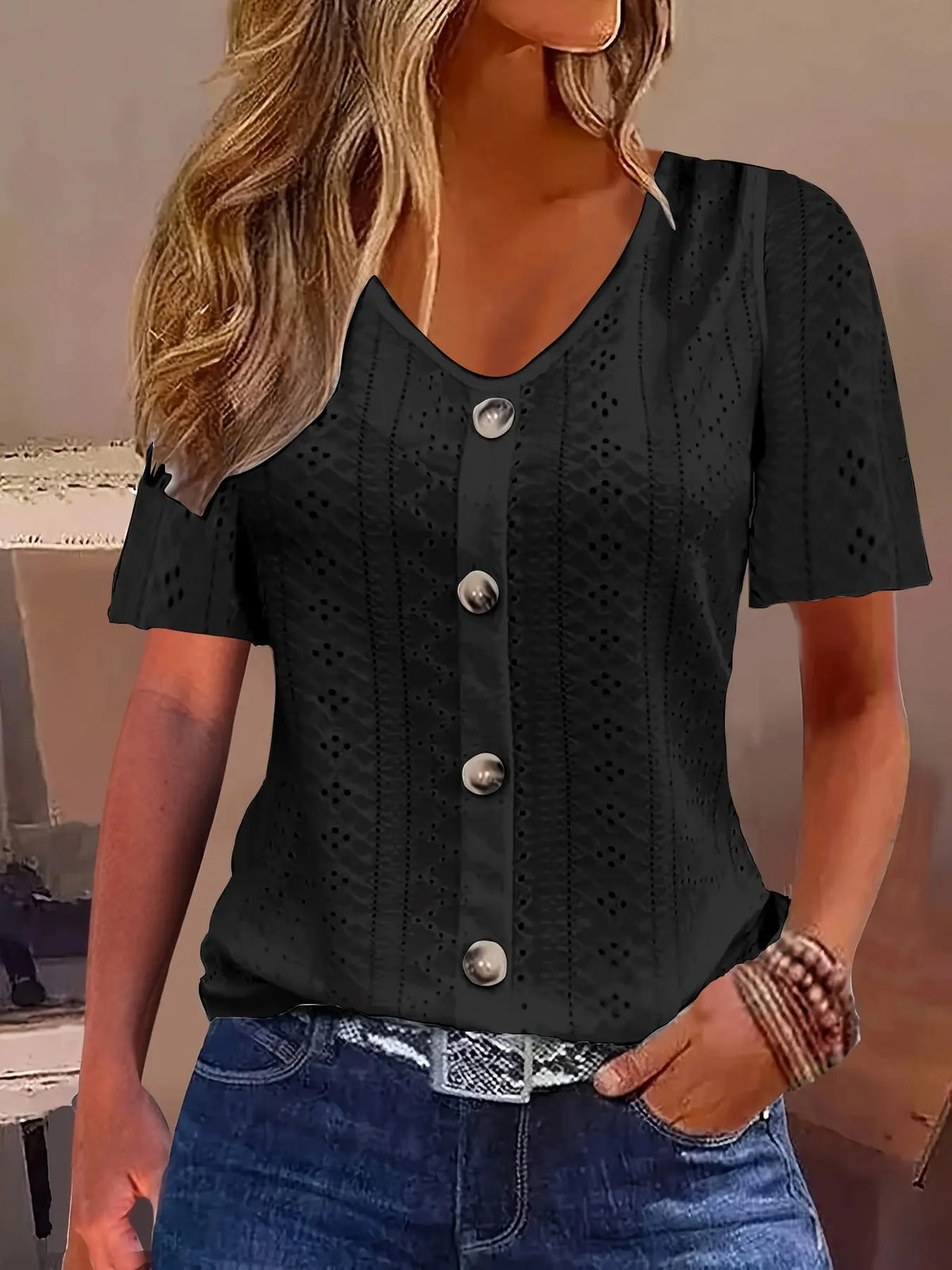 Solid Color Jacquard V-neck Buttons Short Sleeve T-shirt Top hercurva