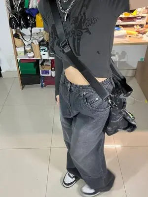 Black Jeans Women's High Waist Loose Straight Wide Leg Mopping Pants hercurva