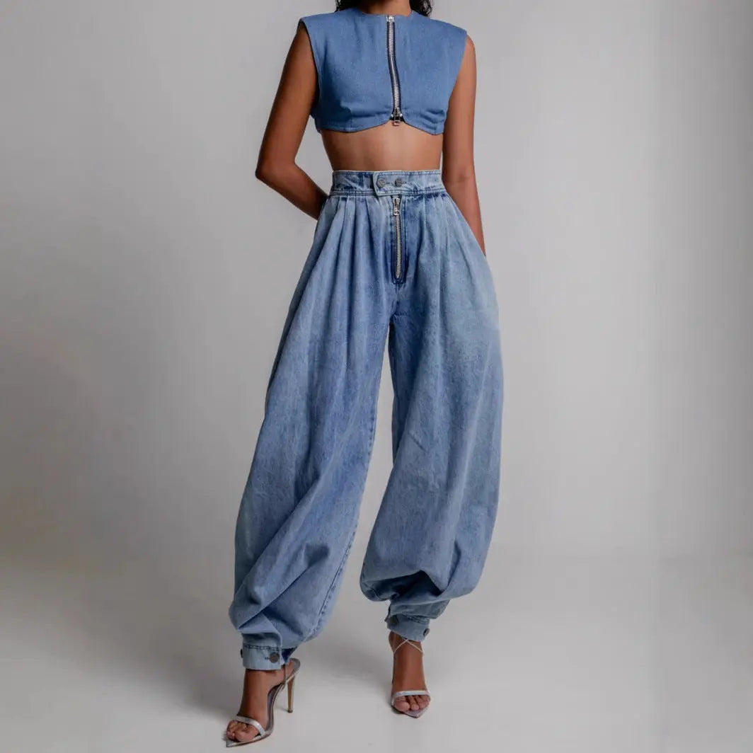 High Waist Zipper Denim Loose Harem Pants hercurva