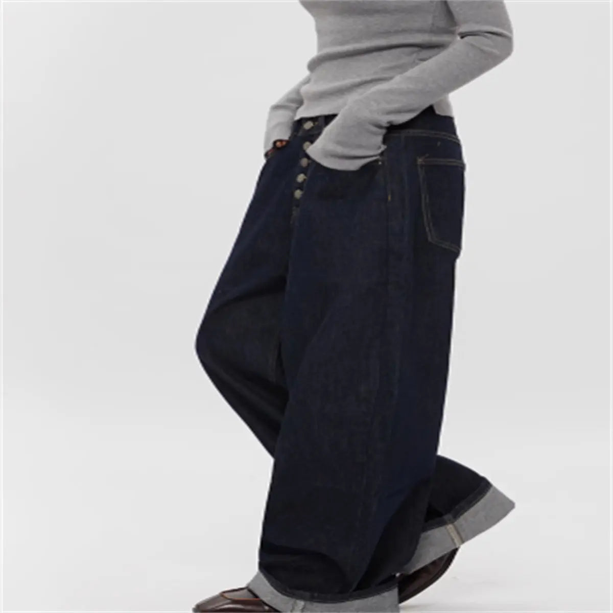 Spring And Autumn Straight Simple Retro Loose Wide-leg Jeans hercurva