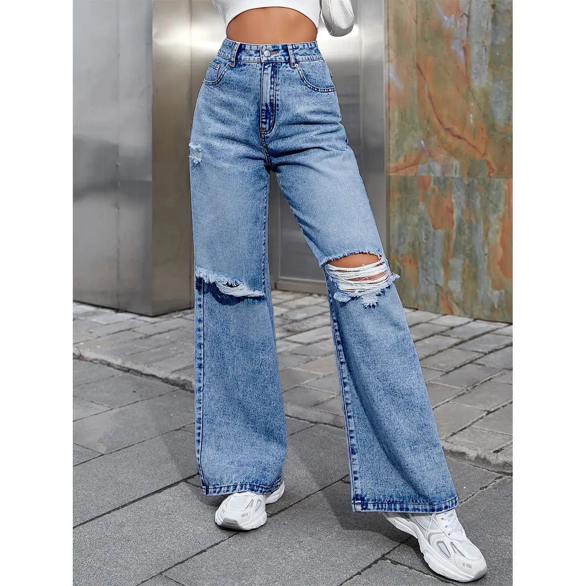 Women's Fashion Holes High Waist Casual Denim Trousers hercurva