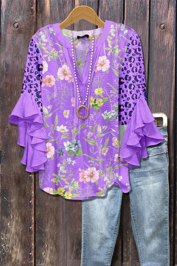 New Printed European And American Leisure Collar Lotus Edge Loose Women's Wear T-Shirt hercurva
