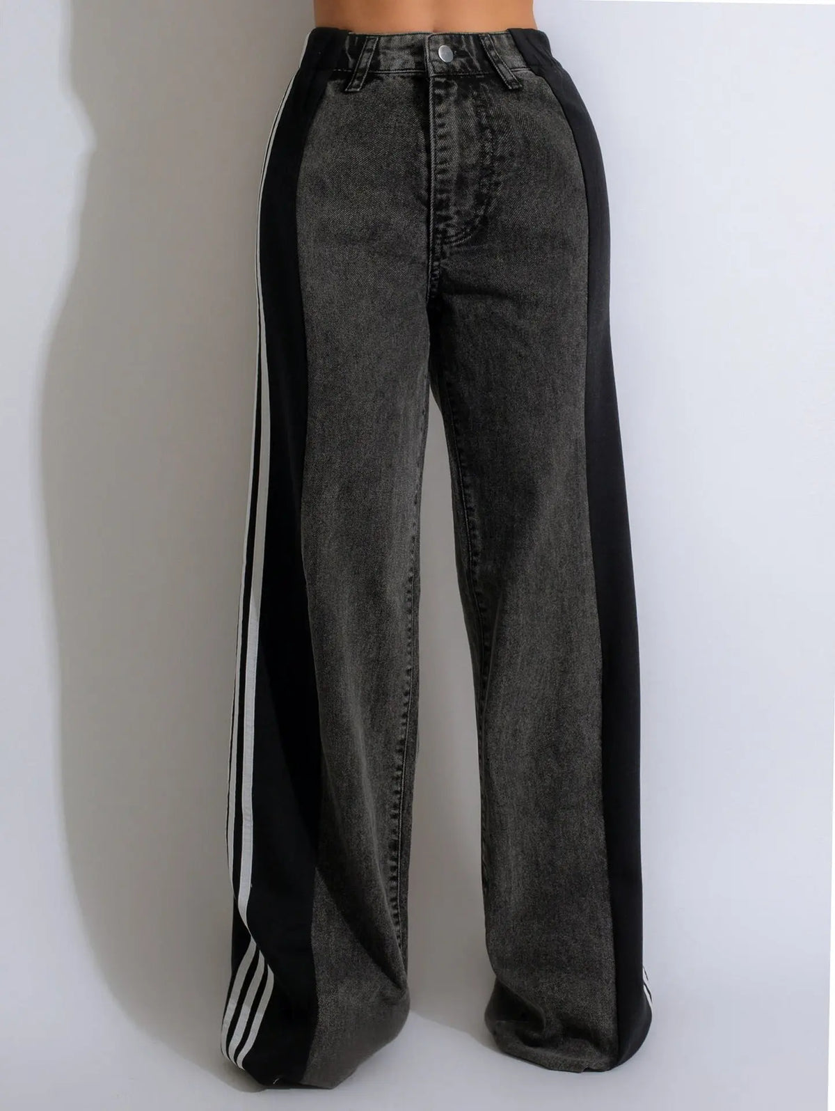 Fashion Casual High Waist Elastic Straight Leg Trousers Three Stripe Patchwork Denim Wide Leg Pants Streetwear hercurva