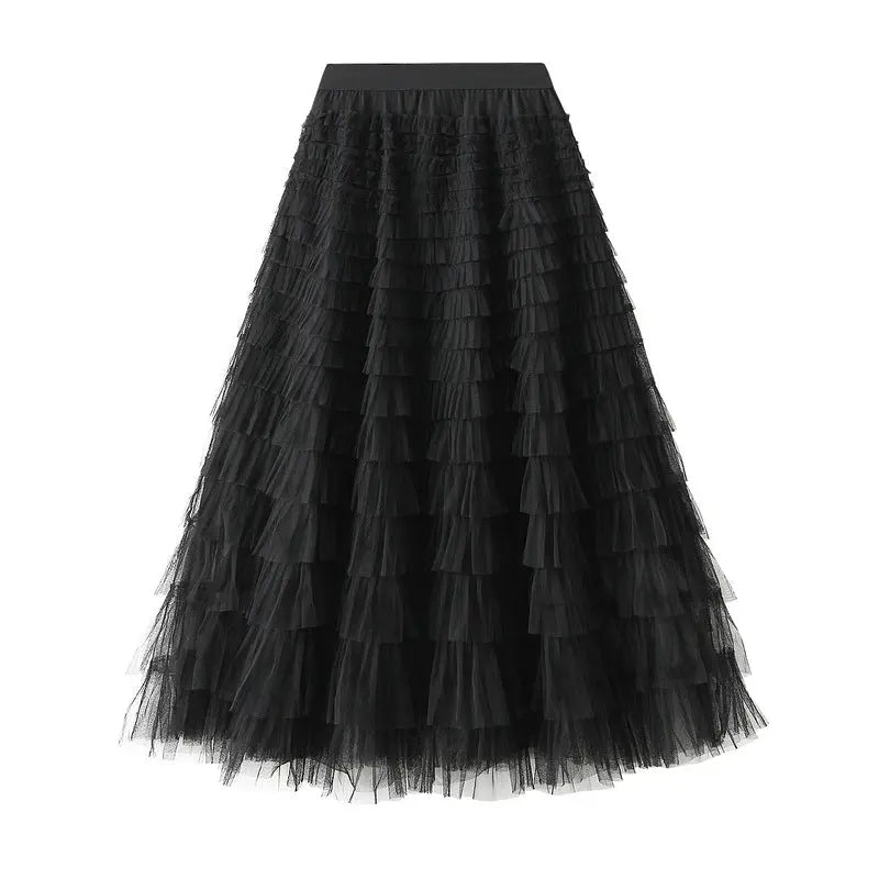 A-Line Mesh Ruffle Skirt Women's Temperament Sweet Long Skirt Slim Cupcake Dress Womens Clothing hercurva