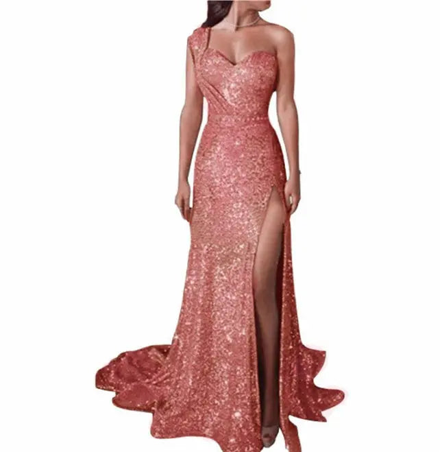 Women's Clothing One-shoulder Sleeveless Bronzing Split Dress hercurva