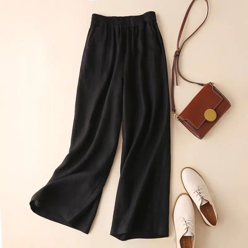 Asian Cotton Wide Leg Pants Solid Color Women's Ninth Point hercurva