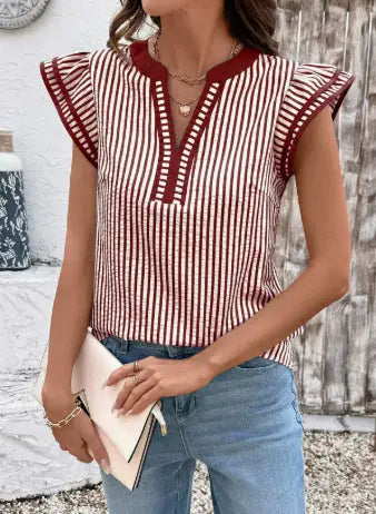 Khaki Stripe Double Ruffled Short Sleeve V Neck Blouse hercurva