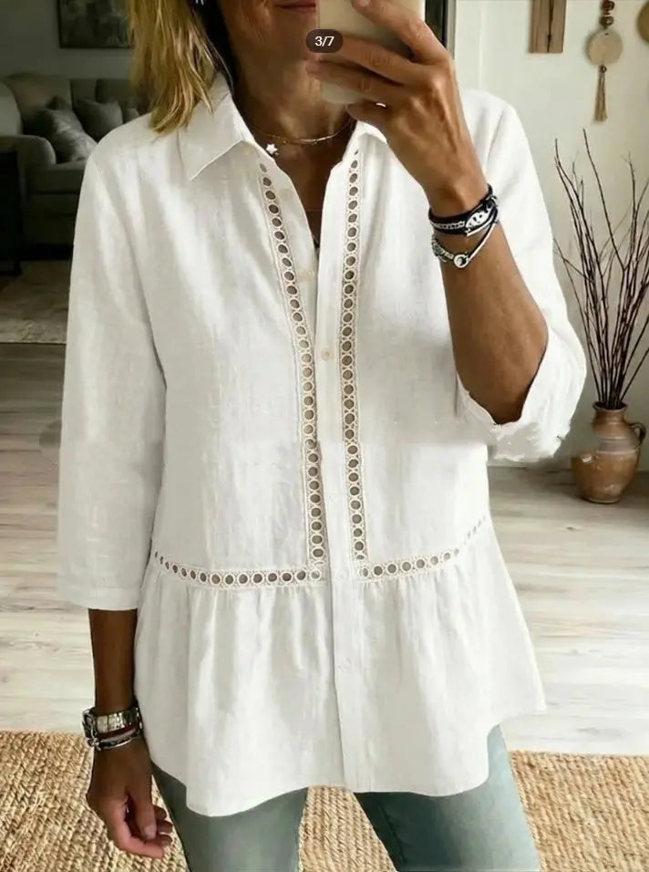 Patchwork Floral Woven Ribbon Cotton-Linen Shirt hercurva