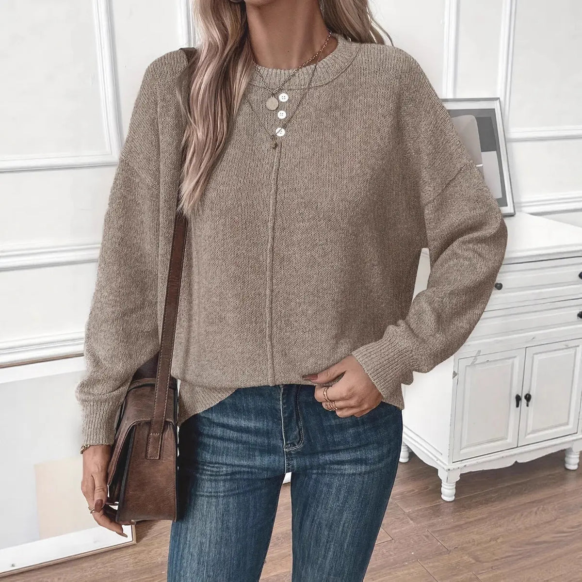 Womens Solid-Color Loose Simple Casual Sweater hercurva