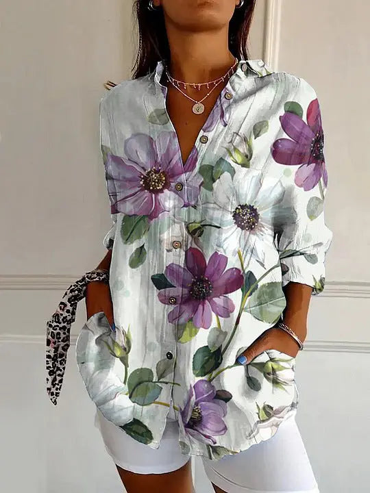 Womens Floral And Green Leaf-print Long-sleeve Blouse hercurva