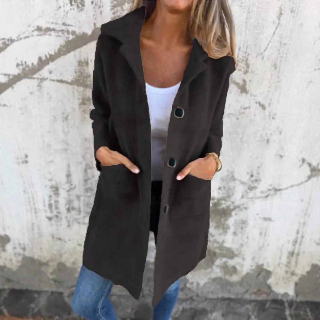 Single-breasted Polo Collar Pocket Mid-length Coat hercurva