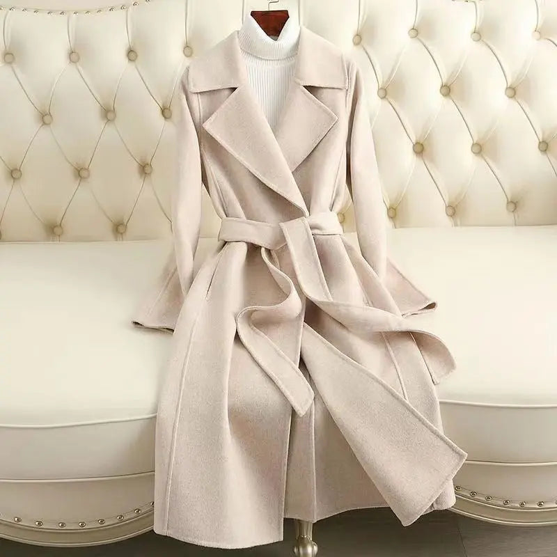 Mid-length Below The Knee Slim Fit Lace-up Woolen Coat High-end Woolen Coat hercurva