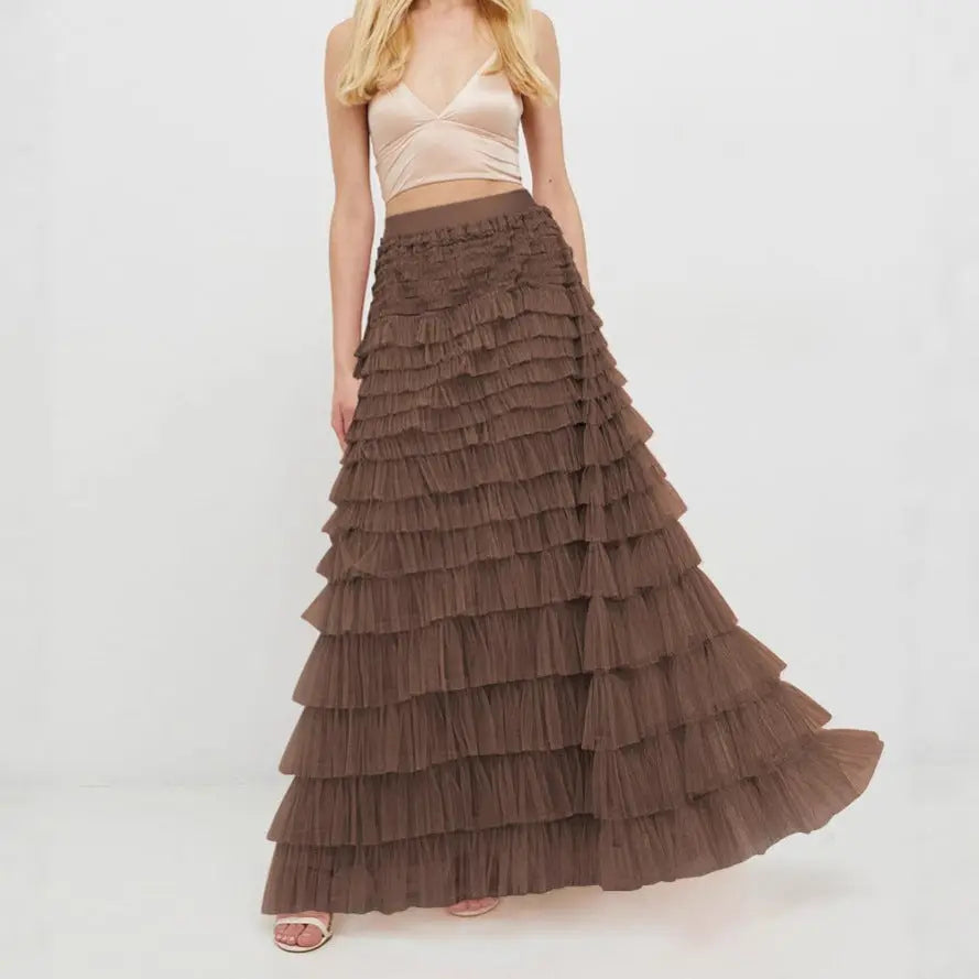 Layered Ruffles Cake Skirt Summer Fashion A Line Swing Mesh Long Skirt Party Dress Women hercurva