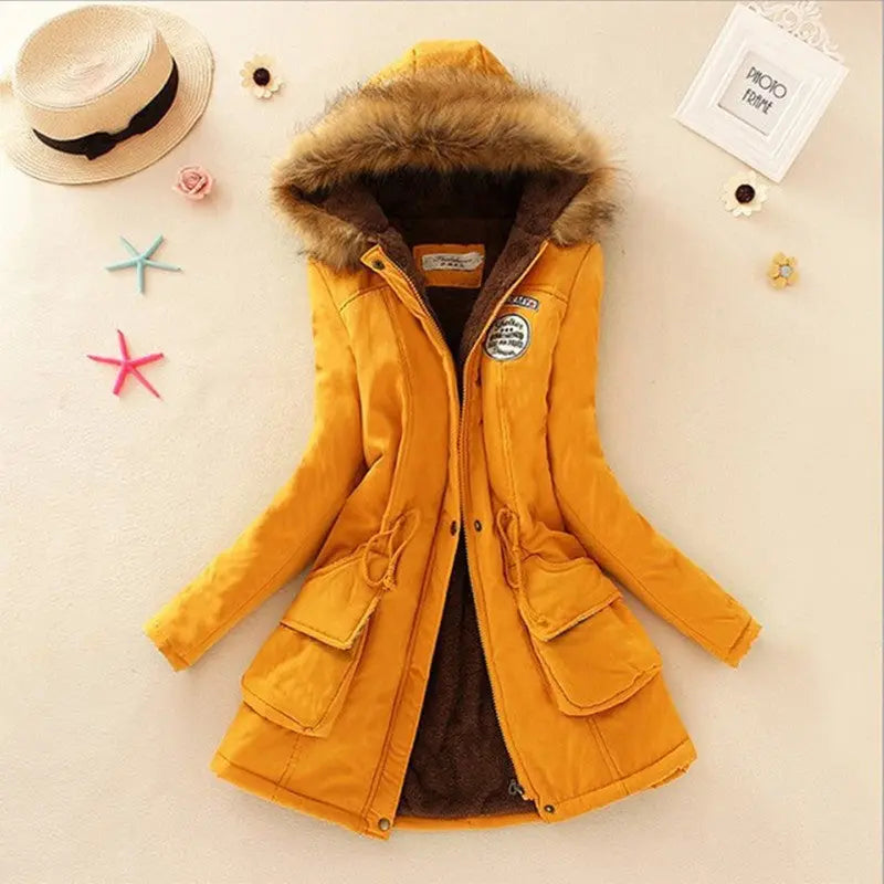 Long Women's Cotton-Padded Jacket With Wool Collar hercurva
