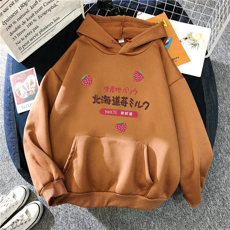 Candy Color Weatshirt Print Strawberry Figure Hooded Sweater hercurva
