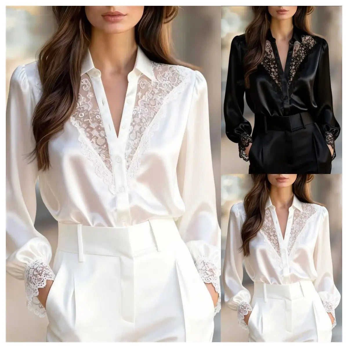 Women's Solid-Color Niche Lace V-Neck Puff-Sleeve Shirt hercurva