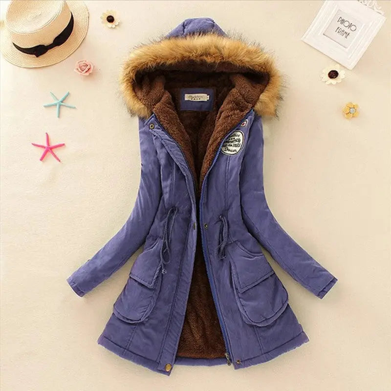 Long Women's Cotton-Padded Jacket With Wool Collar hercurva