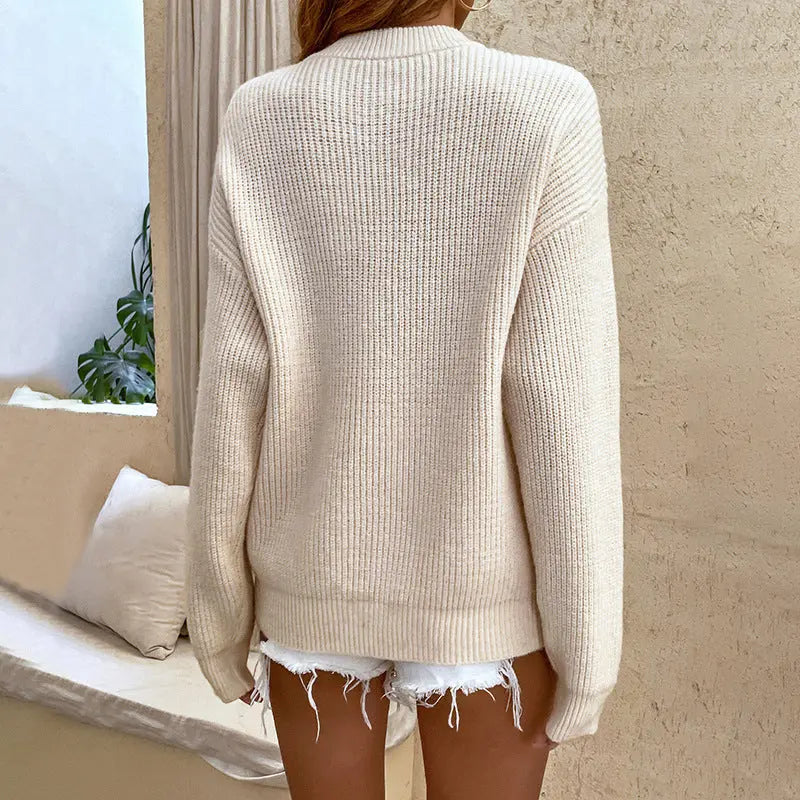 Solid Button Pullover Women's Round Neck Sweater Top hercurva